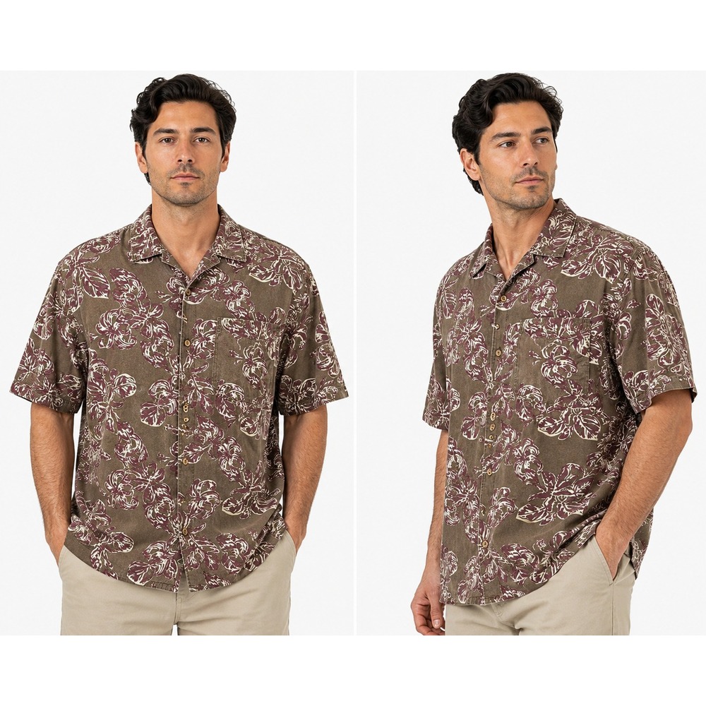 Pineapple Connection Hawaiian Shirt Mens XL Brown Hibiscus Floral Cotton Aloha